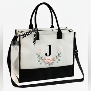 Monogrammed Floral Letter -J- Canvas Tote Bag Zipper Pocket Side Pouch Gift NWT
